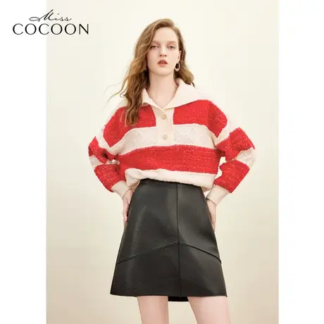 missCOCOON羊毛POLO领条纹针织衫女2023冬季新款设计感毛衫上衣冬商品大图