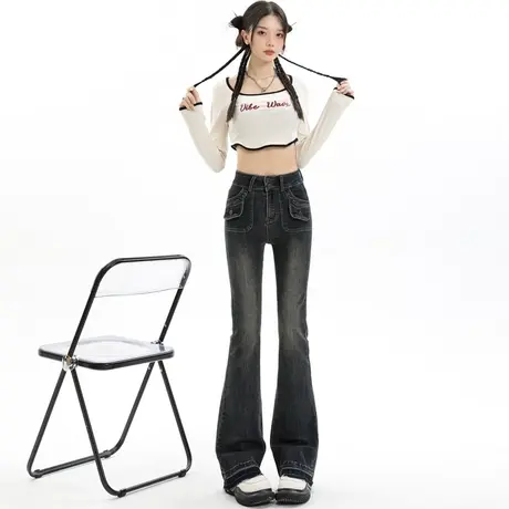 水泥灰高腰微喇牛仔裤女春秋2024年新款设计感小个子马蹄喇叭裤子商品大图