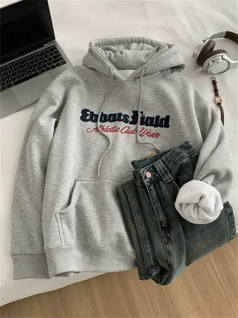 美式复古刺绣加绒连帽卫衣女宽松韩版灰色套头上衣秋冬显瘦外套潮商品大图