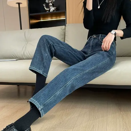 黑色加绒直筒牛仔裤女秋冬季高腰宽松小个子复古显瘦八九分烟管裤图片