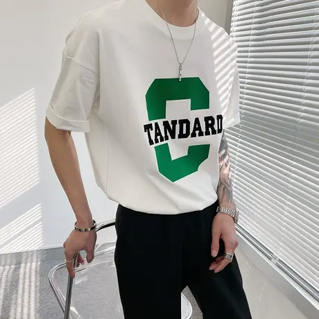 夏季男士t恤打底衫上衣短袖宽松半袖简单大字母图案潮流圆领体恤商品大图