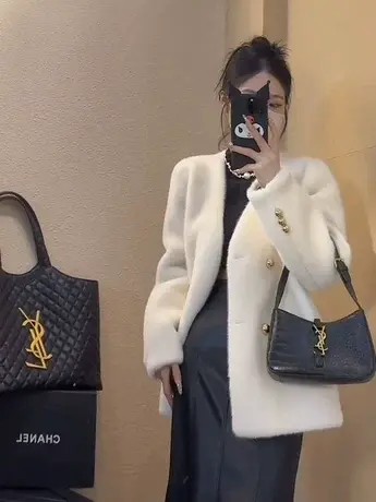 2023冬季年轻款仿貂皮短款V领皮毛一体水貂毛绒环保皮草毛毛外套商品大图