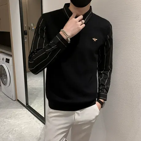 秋冬潮男毛衣针织衫打底衫修身翻领套头刺绣潮流条纹假两件体恤商品大图