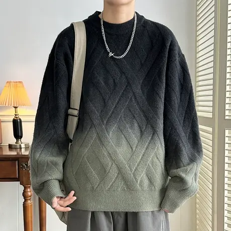 渐变色毛衣男冬季加厚简约潮针织衫男宽松慵懒风套头衫毛线衣外套图片