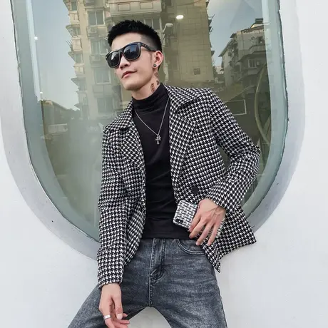 秋季男士夹克外套上衣西装领修身网红潮牌呢子潮流格子发型师西服商品大图