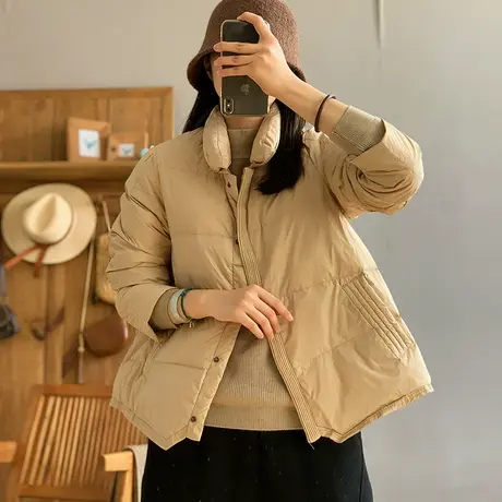 dza 复古立领纽扣拉链短款羽绒服女士冬季新款宽松白鸭绒外套上衣图片