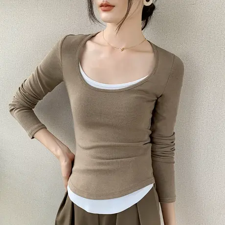 大圆领拼色假两件长袖T恤女2024春季新款收腰修身显瘦内搭打底衫商品大图