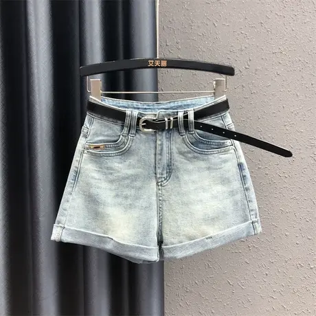 韩版口袋设计感辣妹牛仔短裤女24夏季新款高腰显瘦卷边百搭阔腿裤图片