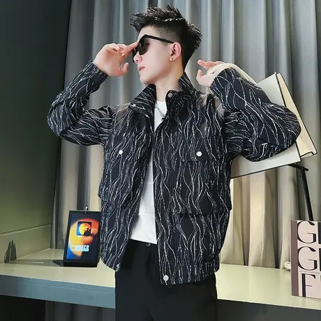 春季潮流条纹夹克时尚立领潮牌褂子个性花色休闲男装口袋轻熟外套商品大图