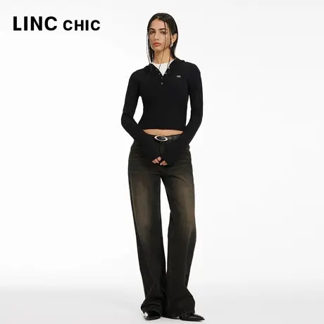 LINCCHIC金羽杰裤子女款中腰复古直筒裤阔腿牛仔裤女JE398Y图片