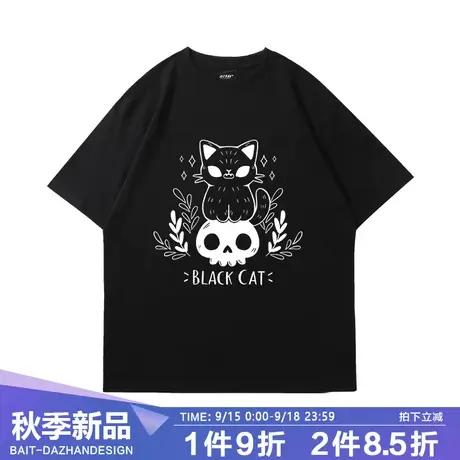美式复古夏季卡通动漫小猫黑色短袖落肩t恤女暗黑风宽松半袖体恤商品大图