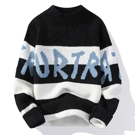 加厚半高领毛衣男士2022秋冬季条纹字母休闲百搭打底针织衫上衣服商品大图