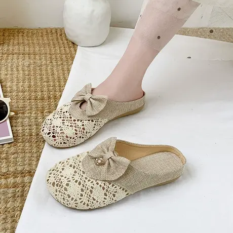 2024春夏季新款蝴蝶结包头镂空网面半拖鞋女亚麻懒人外穿凉拖鞋商品大图