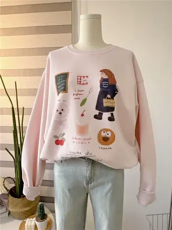 美式复古满印图案2024春秋新款宽松百搭上衣圆领爆款即墨潮卫衣女图片