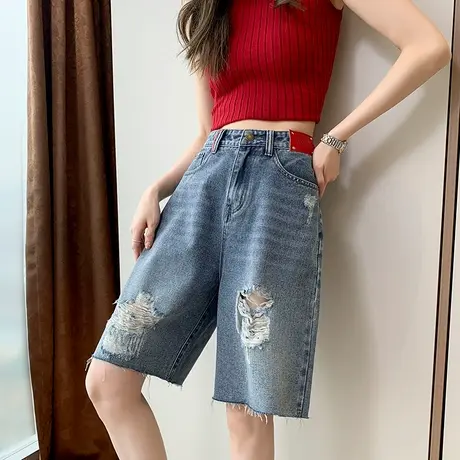 破洞牛仔短裤女夏季薄款2024毛边五分牛仔裤宽松高腰5分直筒中裤商品大图