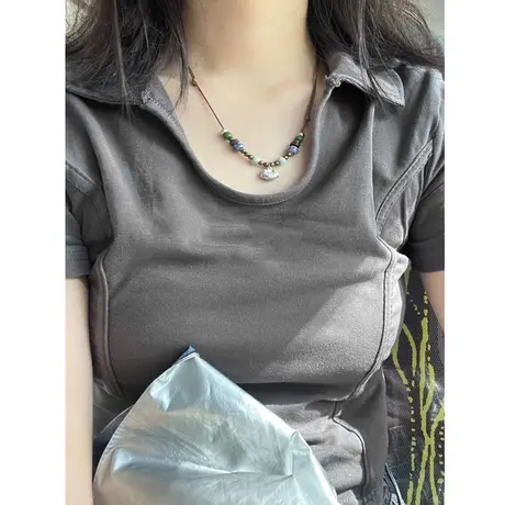 纯棉u领正肩短袖t恤女修身显瘦小个子短款半袖翻领甜辣小上衣夏季商品大图