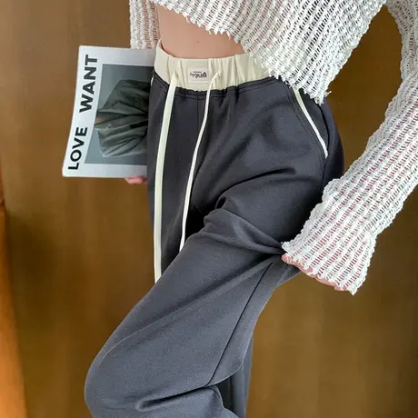 美式灰色运动裤女春秋2024新款高腰垂感宽松卫裤休闲直筒阔腿裤子商品大图