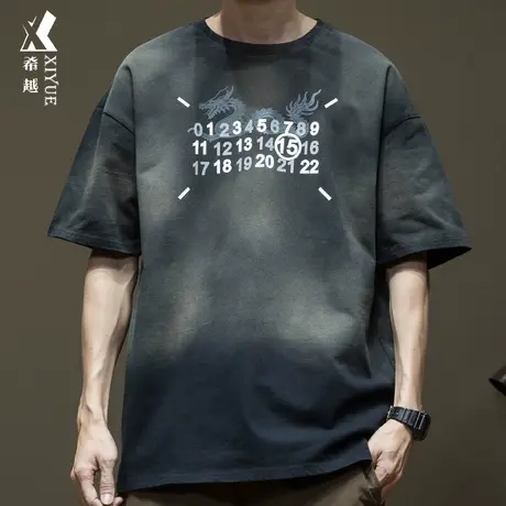 希越280g扎染水洗T恤男春夏新款重磅短袖宽松大码男士美式打底衫图片