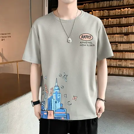 卡通印花短袖t恤男士夏季冰感凉感五分半袖男国潮圆领百搭体恤衫T商品大图