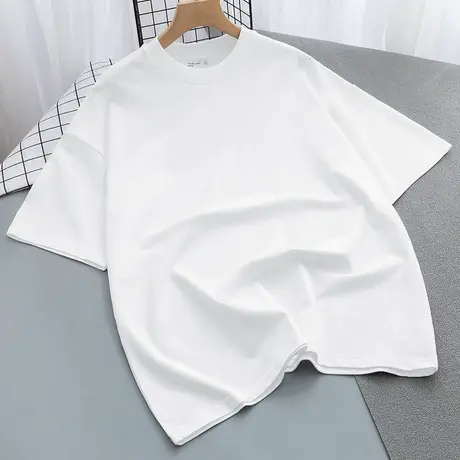 美式重磅纯棉t恤男短袖纯色白色五分袖夏季宽松全棉落肩半袖体恤商品大图