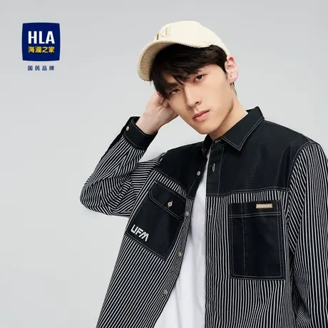 HLA/海澜之家撞色条纹长袖衬衫休闲秋季款拼接字母印花翻领衬衣男图片