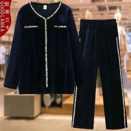 中年妈妈时尚运动套装春秋款加肥加大码女洋气韩国绒小香风两件套商品大图