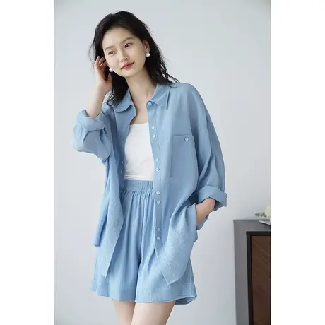 嘉茱莉2023夏季新款褶皱衬衫女短裤套装小众法式上衣设计感小众商品大图