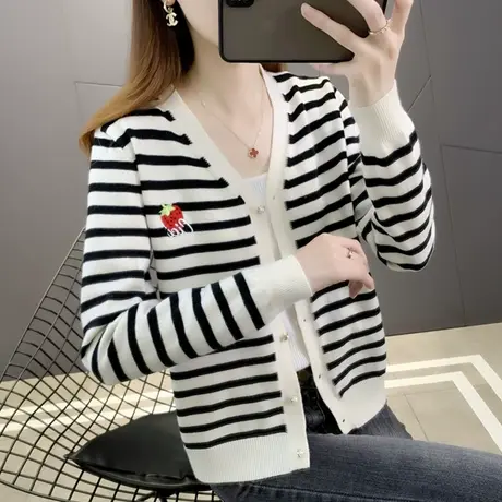 早春新款外套女针织开衫女士毛衣外套2023年新款条纹爆秋洋气毛衣商品大图