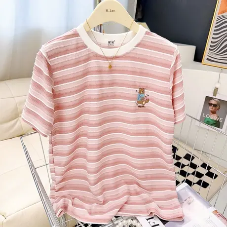 ins奶甜系小熊学院风云朵短袖T恤夏季韩国东大门上衣清爽粉色条纹图片