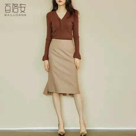 百洛安长袖弹力针织衫女秋装新款韩版修身显瘦v领套头荷叶边上衣图片