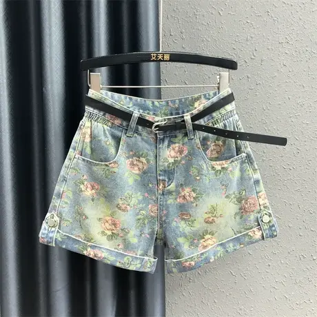 港味复古印花潮流牛仔短裤女2023夏季新款INS高腰百搭A字阔腿热裤图片