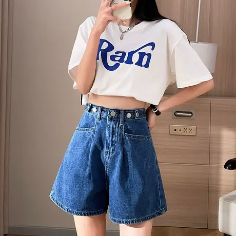 牛仔短裤女夏季2023薄款高腰a字宽松遮肉显瘦设计感大码阔腿热裤图片