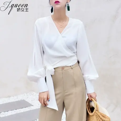 灯笼袖雪纺衫女长袖春夏新款白色时尚绑带V领小衫度假短款防晒衫图片