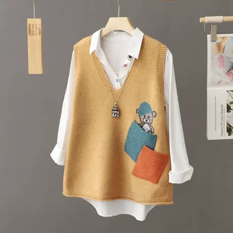 文艺黄色针织马甲背心女秋装2023年新款洋气春秋坎肩马夹叠穿外搭图片
