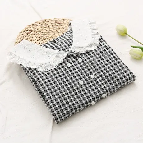 夏季文艺甜美小清新蕾丝娃娃领黑白格子短袖衬衫女学生双排扣上衣商品大图