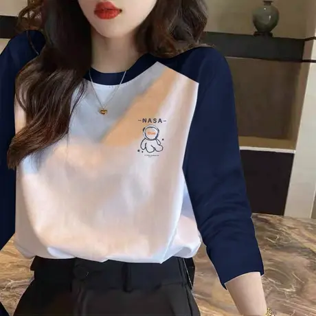 正肩长袖t恤女2022年新款秋季宽松打底衫设计感小众插肩袖上衣服商品大图