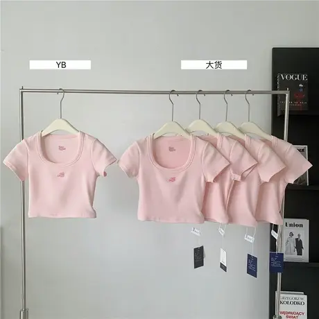 甜心少女前后刺绣粉色短袖T恤女夏设计感小众修身显瘦短款上衣潮图片