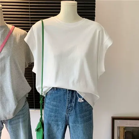 连肩袖纯色宽松气质宽松简约百搭短袖T恤夏季文艺复古显瘦上衣女图片