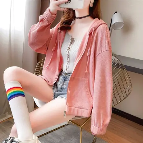 卫衣女春秋韩版宽松bf慵懒风ins超火cec薄款华夫格短款开衫外套潮图片