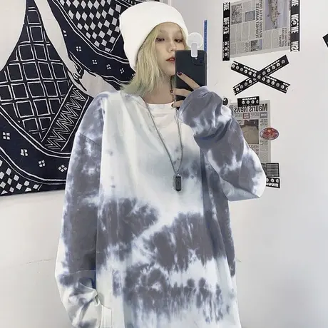 扎染长袖t恤女ins潮2023新款韩版宽松小众设计感春秋上衣百搭外穿商品大图