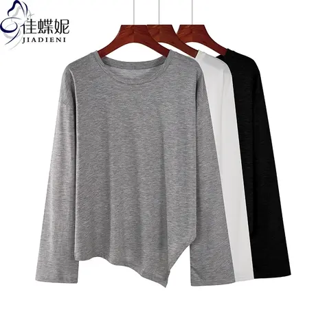 秋季新款韩版圆领宽松休闲纯白纯色不规则长袖体恤上衣大码女装商品大图