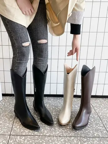 粗跟V口长筒骑士靴女2023新款春秋单靴小个子增高尖头西部牛仔靴图片