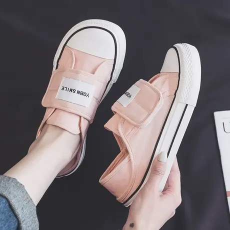 魔术贴两穿一脚蹬半拖厚底大头帆布鞋女2023新款夏季透气黑色板鞋商品大图