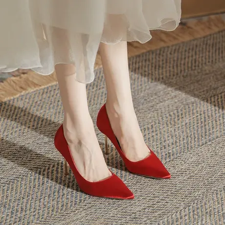 红色高跟鞋女细跟2023年春夏季新款时尚百搭尖头少女浅口职业单鞋图片