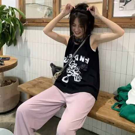 纯棉吊带运动坎肩背心无袖t恤女夏季设计感小众外穿宽松挂脖上衣商品大图