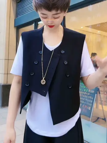 双排扣西装韩版欧货小坑肩马甲春秋女不规则法式复古短款叠穿马夹图片