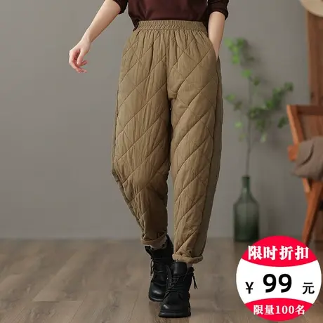 dza 高腰显瘦夹棉保暖裤子女冬外穿宽松阔腿裤菱格棉裤休闲直筒裤图片