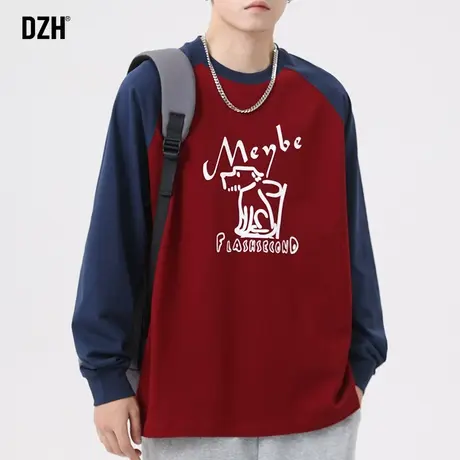 男生撞色拼接长袖t恤男秋季纯棉圆领无帽卫衣男款美式上衣打底衫商品大图