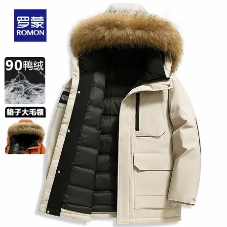 罗蒙加厚御寒羽绒服男女中长款2024冬季新款情侣毛领鸭绒保暖外套商品大图