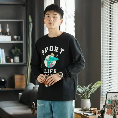 唐狮卡通印花长袖t恤男春秋新款纯棉潮休闲T恤ins风设计感打底衫图片